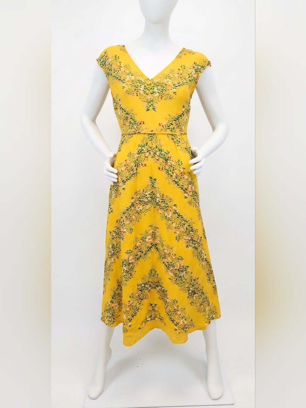 Boden Fiona VNeck Cotton Midi Dress Tuscan Sun Yellow Floral Boho W/pockets Sz6